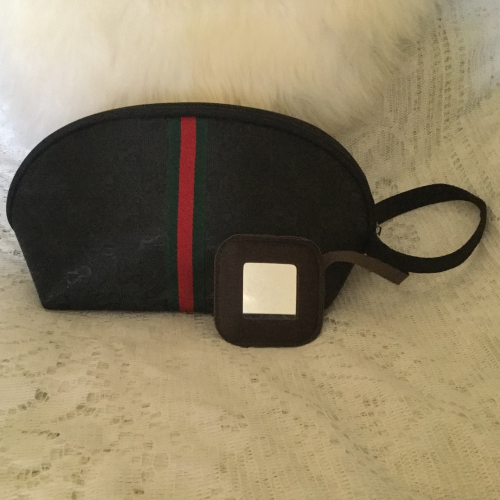 Black Cosmetic Pouch Wristlet w/ Mirror Large